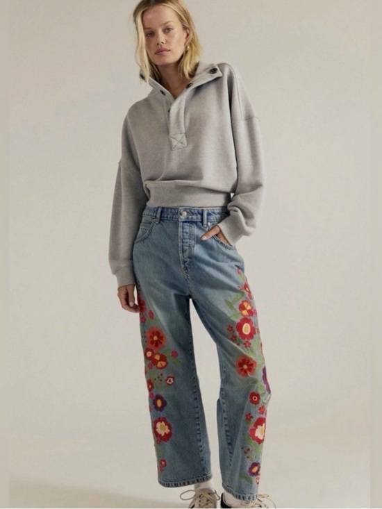 Free People Denim - Free People We The Free Willow Floral Embroidered Jean Retrograde Blue Size 25